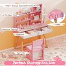 Kids dressing table set in pink with 3-color LED mirror, 2 drawers, 2-tier shelf, and matching chair for organized play.