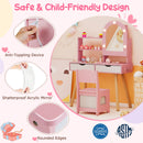 Pink pretend play dressing table set with a 3-color LED mirror, storage drawers, and child-sized chair for safe play.
