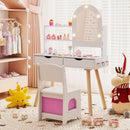 Kids dressing table set in white with 3-color LED mirror, storage drawers, and matching chair for imaginative play.