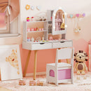 Kids dressing table set in white with LED mirror, 2 drawers, and matching chair for organized playtime and beauty fun.