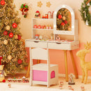 Kids dressing table set in white with LED mirror, storage drawers, and matching chair for imaginative play.