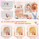 Kids dressing table set with a 3-color LED lighted mirror, adjustable brightness, and organized storage solutions.