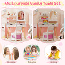 Kids dressing table set with 3-color LED mirror, storage shelves, and matching chair for creative play and organization.