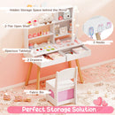 Kids dressing table set with 3-color LED mirror, 2 drawers, 2-tier shelf, and matching chair for organized playtime.