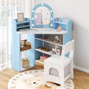 Kids corner vanity set in blue with mirror, lights, and 3 storage shelves for organizing toys and cosmetics.