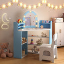 Blue kids vanity table featuring a mirror with 3-color lights and 3 spacious shelves for toys and cosmetics storage.