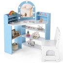 Kids corner vanity set in blue with lights, mirror, and 3 storage shelves for toys and cosmetics, perfect for playtime.