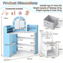 Blue corner kids vanity set with mirror, 3 shelves, and chair, designed for safe dressing up and storage.