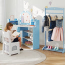 Kids' blue corner vanity set with lights, mirror, and 3 storage shelves, perfect for dressing up and organizing toys.