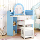 Blue kids vanity chair with foldable fabric drawer, designed for storage and comfort in a corner vanity set.