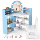 Blue kids vanity table featuring a spacious desktop, 3 open shelves, and a safe acrylic mirror for dressing up fun.