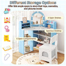 Kids corner vanity set in blue with mirror, 3 shelves, and 5 compartments for toys and cosmetics storage.