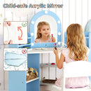 Kids' blue corner vanity set with acrylic mirror, 3-color lights, and 3 storage shelves for safe, organized playtime.