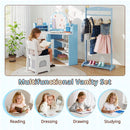 Kids corner vanity set in blue with lights, 3 storage shelves, and a chair, perfect for dressing and studying.
