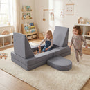 Modular kids play couch in grey suede fabric, featuring 10 pieces for creative play and soft lounging in playrooms.