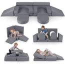 Modular kids play couch in grey, featuring 10 pieces for creative play, climbing, and lounging in a soft suede fabric.