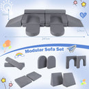 Modular kids play couch set in grey, featuring 10 soft blocks for creative play, climbing, and lounging. Ideal for.
