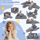 Modular kids play couch in grey with 10 pieces, designed for creative play, climbing, and lounging in comfort.