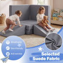 Modular kids play couch in grey suede fabric, featuring 10 pieces for creative play, climbing, and lounging.
