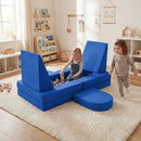 Modular kids play couch in blue with 10 pieces, featuring soft suede fabric for creative play and lounging.