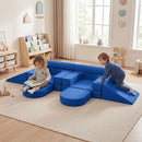 Modular kids play couch in blue, featuring 10 soft blocks for climbing and creative play in a cozy indoor space.