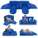Modular kids play couch in blue, featuring 10 soft suede blocks for creative play, climbing, and lounging activities.