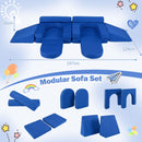 Modular kids play couch set in blue, featuring 10 soft suede blocks for creative play, climbing, and lounging.