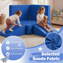Modular kids play couch in blue with skin-friendly suede fabric, ideal for creative play and soft lounging.