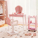 Kids Hair Salon Play Set featuring a pink LED lighted mirror, swivel barber chair, and mobile trolley for creative.