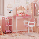Kids Hair Salon Play Set showcasing a pink writing desk with a removable LED mirror, perfect for imaginative styling.