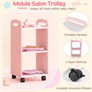 Mobile salon trolley with 3 open shelves and portable handles, ideal for kids' hair salon play set organization.
