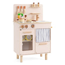 Compact Wooden Play Kitchen with Curtains and Toy Food – Beige