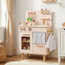 Compact Wooden Play Kitchen with Curtains and Toy Food – Beige