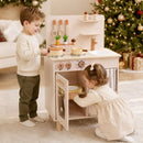 Compact Wooden Play Kitchen with Curtains and Toy Food – Beige