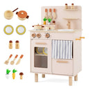 Compact Wooden Play Kitchen with Curtains and Toy Food – Beige