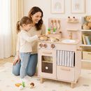 Compact Wooden Play Kitchen with Curtains and Toy Food – Beige