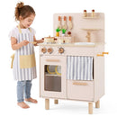Compact Wooden Play Kitchen with Curtains and Toy Food – Beige