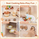 Compact Wooden Play Kitchen with Curtains and Toy Food – Beige
