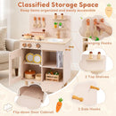 Compact Wooden Play Kitchen with Curtains and Toy Food – Beige