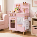Compact Wooden Play Kitchen with Curtains and Toy Food – Pink