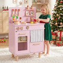 Compact Wooden Play Kitchen with Curtains and Toy Food – Pink