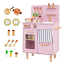 Compact Wooden Play Kitchen with Curtains and Toy Food – Pink
