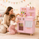 Compact Wooden Play Kitchen with Curtains and Toy Food – Pink