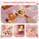Compact Wooden Play Kitchen with Curtains and Toy Food – Pink