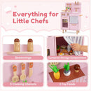 Compact Wooden Play Kitchen with Curtains and Toy Food – Pink