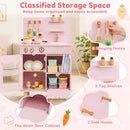 Compact Wooden Play Kitchen with Curtains and Toy Food – Pink