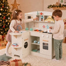 Corner Wooden Play Kitchen with Lights and Side Counter – White