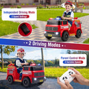 Red 12V ride-on fire truck dual control and water sprayer features