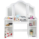 Kids 2-in-1 princess makeup table with tri-folding mirror and 4 storage shelves for toys and books.
