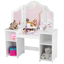 Kids' vanity table featuring a large tabletop and removable tri-folding mirror, ideal for creative play and storage.